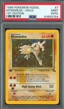 Pokemon 1st Edition Fossil Hitmonlee CIGAR STAIN ERROR Holo 7/62 PSA 9 MINT (PD)
